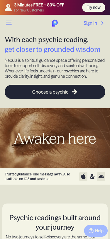 Krok 1: Landing page s hero 'With each psychic reading, get closer to grounded wisdom', promo banner '3 Minutes FREE + 80% OFF', CTA 'Choose a psychic'. Social proof: 70M users, 1500+ psychics, 24/7, 4.7 rating. Cookie consent a popup 'Get your first psychic reading for FREE' (obe dismissnuty).