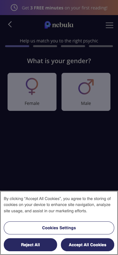 Krok 2: Quiz zacina otazkou 'What is your gender?' s moznostmi Female/Male. Progress bar ukazuje 4 kroky.