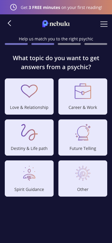 Krok 3: Otazka 'What topic do you want to get answers from a psychic?' s 6 moznostmi: Love & Relationship, Career & Work, Destiny & Life path, Future Telling, Spirit Guidance, Other.