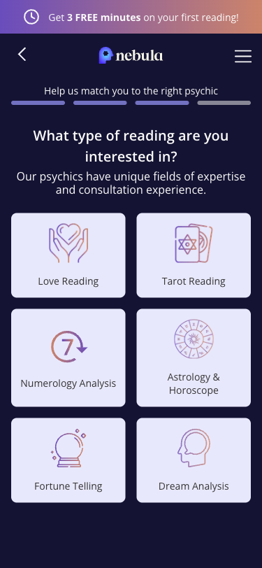 Krok 4: Otazka 'What type of reading are you interested in?' s 6 moznostmi: Love Reading, Tarot Reading, Numerology Analysis, Astrology & Horoscope, Fortune Telling, Dream Analysis.