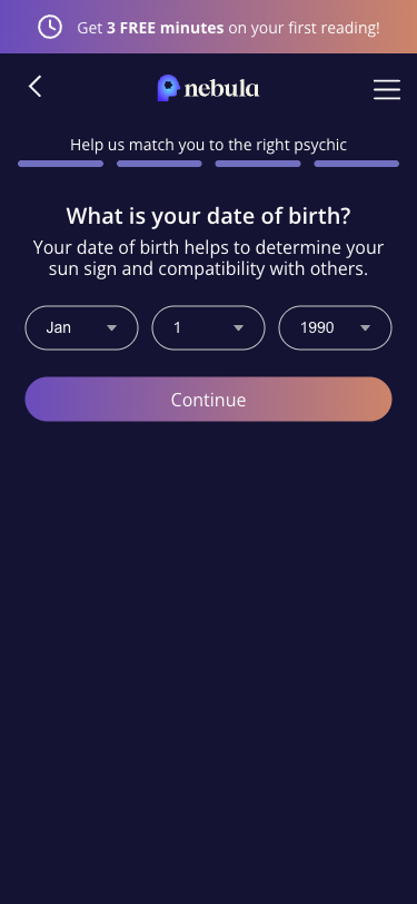 Krok 5: Otazka 'What is your date of birth?' s dropdown selektory pro mesic, den a rok. Vysvetleni: 'Your date of birth helps to determine your sun sign and compatibility with others.'