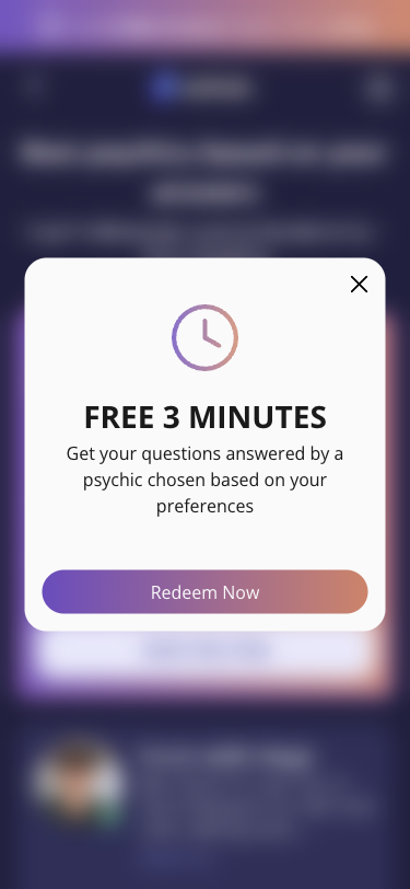 Krok 7: Vysledky matchovani: 'Best psychics based on your answers' s preferencemi 'Love & Relationship + Tarot Reading'. Popup 'FREE 3 MINUTES' (dismissnut). 5 doporucenych psychiku, prvni je 'Best Match'. Kazdy ma foto, rating, pocet reviews, konzultaci, leta zkusenosti a fields of expertise.