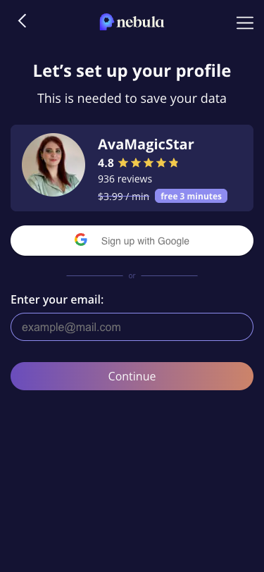 Krok 8: Registracni stranka: 'Let's set up your profile - This is needed to save your data'. Ukazuje vybraneho poradce (AvaMagicStar, 4.8, 936 reviews, $3.99/min s 'free 3 minutes' badge). Moznosti: Sign up with Google nebo email.