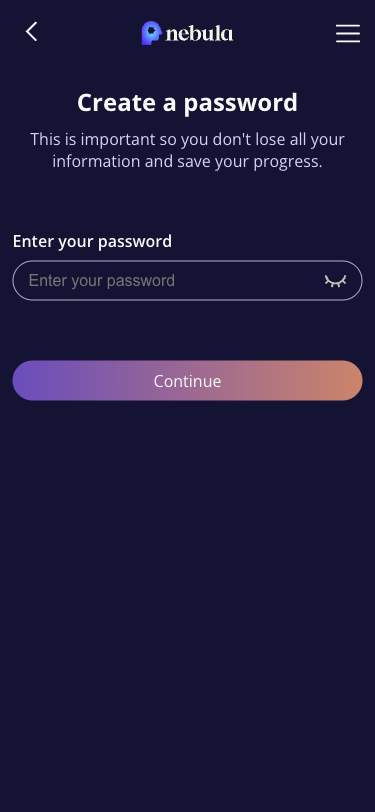 Krok 9: Stranka 'Create a password - This is important so you don't lose all your information and save your progress.' s jednim inputem pro heslo.
