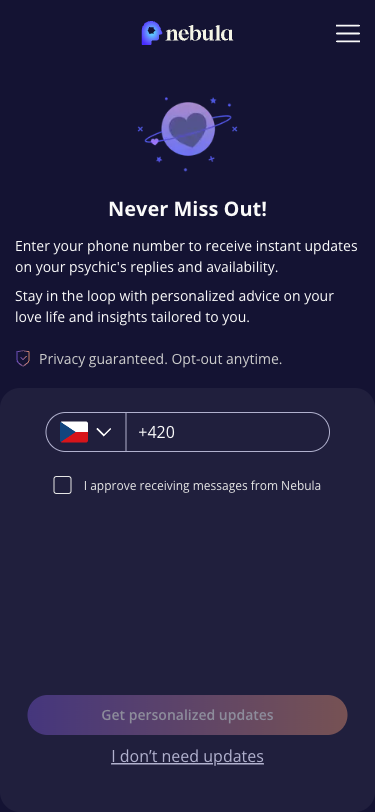 Krok 10: Stranka 'Never Miss Out!' zadajici telefonni cislo pro instant updates. Auto-detekce ceske predvolby +420. Moznost preskocit: 'I don't need updates'. Privacy guarantee a opt-out text.