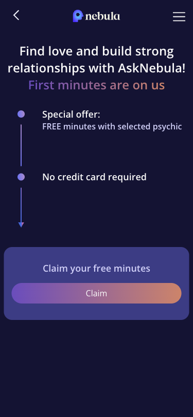 Krok 12: Offer stranka: 'Find love and build strong relationships with AskNebula! First minutes are on us.' Dva body: Special offer (FREE minutes with selected psychic) a No credit card required. CTA: 'Claim your free minutes / Claim'.