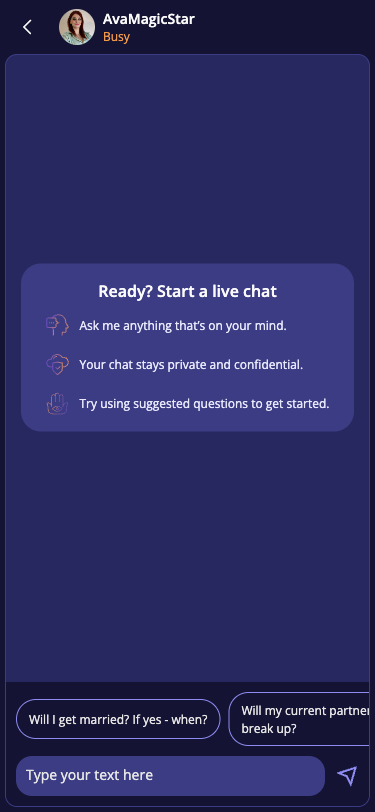 Krok 13: Chat interface s AvaMagicStar (Busy status). Welcome card: 'Ready? Start a live chat' s body: Ask me anything, Your chat stays private and confidential, Try using suggested questions. Suggested questions dole: 'Will I get married?', 'Will my current partner and I break up?', etc. Textovy input pole.