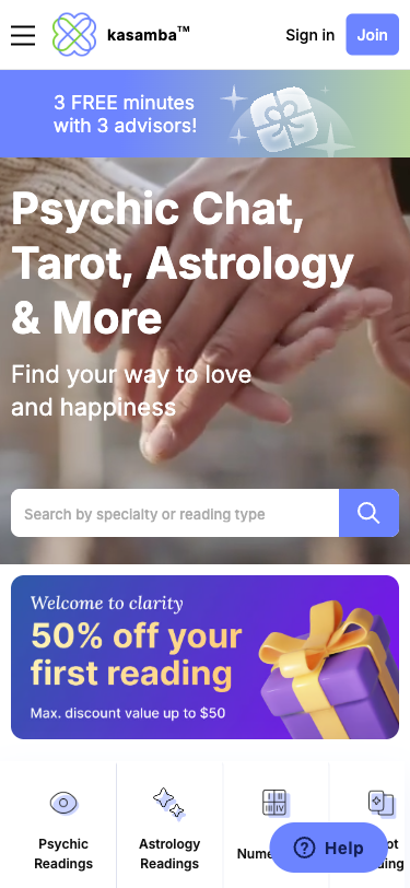 Krok 1: Mobilní homepage. Hero s H1 'Psychic Chat, Tarot, Astrology & More', podtitulek 'Find your way to love and happiness'. Nahoře promo banner '3 FREE minutes with 3 advisors!'. Search bar pod hero. 10 kategorií jako horizontal scrollable linky (Psychic Readings, Tarot Readings, Love Psychics...). Pod foldem featured topic 'Who is my soulmate?' s advisor kartami. Promo '50% off your first reading'.