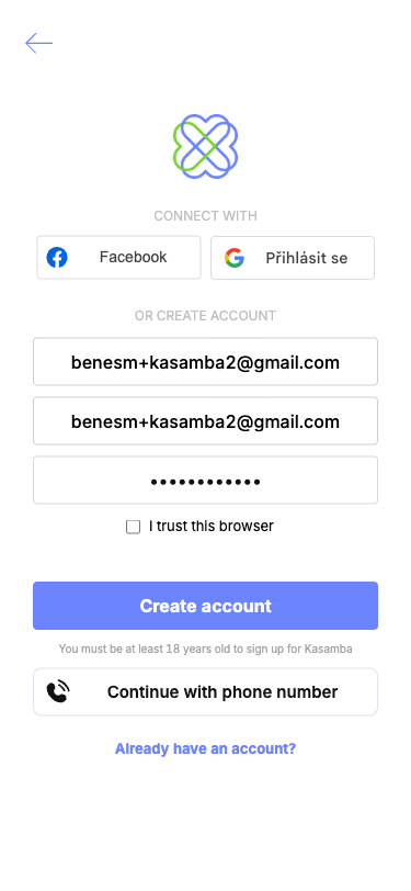 Krok 5: Email, Confirm email, Password fields