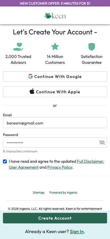 Krok 7: Registrace proběhla okamžitě — bez email verifikace,Přesměrování na homepage (ne zpět k poradkyni!),Dashboard zobrazuje: 'Welcome User35670581' — generované jméno,Balance: $0.00,Keen Rewards program: 0 pts, NO TIER,'Add Payment Method' (100 PTS) a 'Get 1st Paid Reading' (100 PTS) — gamifikace,Top Categories: Psychic Readings, Love And Relationships, Tarot Readings, Psychic Medium,My Advisors: Favorites / History — obě prázdné