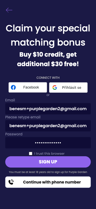 Krok 5: Email, Confirm email, Password fields