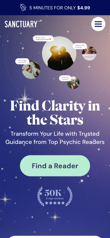 Krok 1: Mobilní homepage. Promo banner nahoře: '5 MINUTES FOR ONLY $4.99'. Hero H1: 'Find Clarity in the Stars'. Podtitulek: 'Transform Your Life with Trusted Guidance from Top Psychic Readers'. CTA: 'Find a Reader'. Pod hero grid reader karet — každá s fotkou, 'Available' badge (zelený), jménem, 'Top Choice' badge, specializacemi (tarot, psychic, astrology...), rating s počtem recenzí, cenou ($X.XX/min, $4.99 for 5 min) a 'Connect' button. Sekce 'As Seen In' s logy (Today, Vanity Fair, NYT, Forbes, New Yorker, USA Today, Wired). '7 million people who love our horoscopes'. Testimonials: Meg C., Beth R., Lara T., Ciara S., Mary K., Mia, Lili — všechny 5/5 (10/10). Mobile App CTA. Newsletter signup.