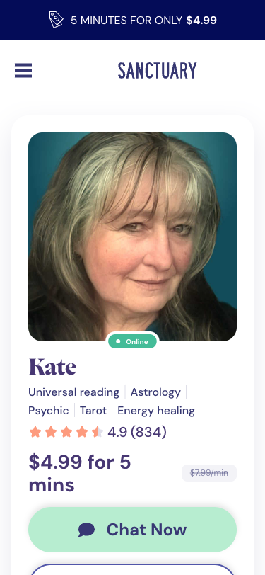 Krok 2: Connect button na kartě reader 'Kate' (4.9★, 834 reviews)